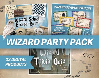 Wizard Party Pack, Wizard Escape Room Kit, Wizard Scavenger Hunt Game, Wizard Trivia Kit, Wizard Themed Activities for Kids