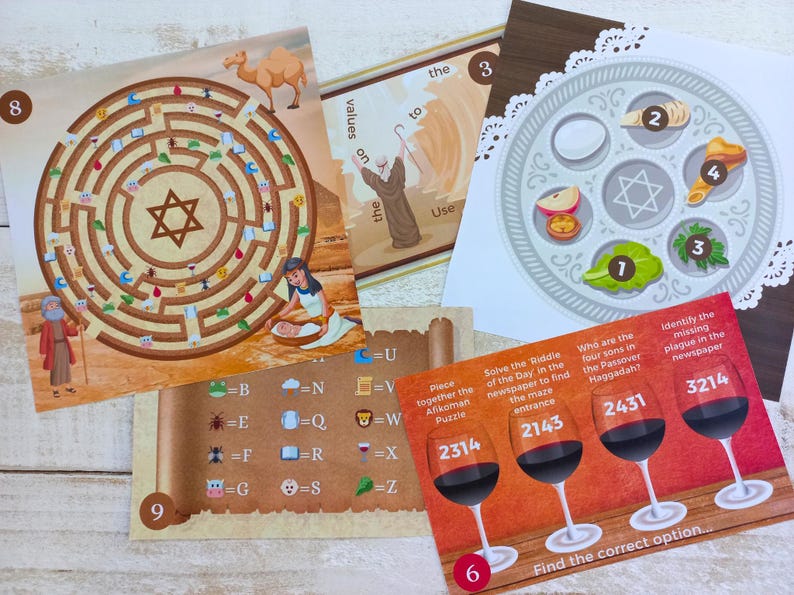 Op de afbeelding: Een set kleurrijke spelkaarten met een Pesach-thema. De kaarten bevatten een doolhof, een Seder-bord, een raadsel en een codekraakpuzzel. De kaarten zijn genummerd van 1 tot 9.