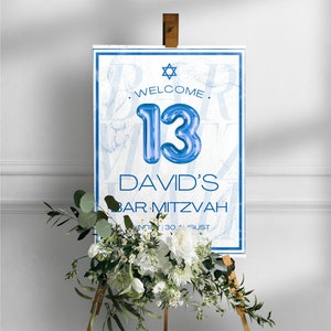 Signo de bienvenida personalizado de Bar Mitzvah, signo personalizado de cumpleaños número 13, plantilla de póster de Bar Mitzvah editable, descarga instantánea de Bar Mitzvah