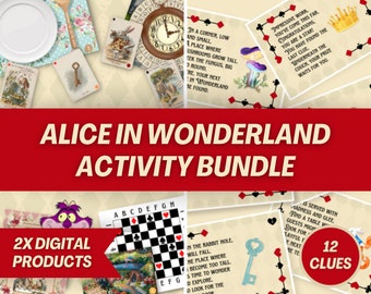 May include: Alice in Wonderland themed activity bundle with 2 digital products. The bundle includes 12 clues, a chessboard, a key, and a mushroom. The text "Alice in Wonderland Activity Bundle" is in large, bold, white letters on a red background. The text "2X Digital Products" is in white letters on a red background. The text "12 Clues" is in white letters on a red background.