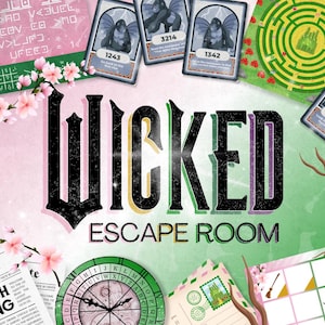 Può includere: Un gioco di escape room verde e rosa con la parola "WICKED" in grandi lettere nere. Il gioco include una varietà di indizi e puzzle, tra cui un labirinto, un orologio e un cappello da strega.