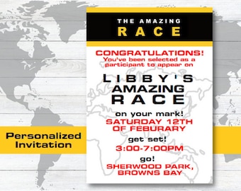 The Amazing Race Birthday Party Invitation, Printable Invitation, Amazing Race, Route Marker, Clue Cards, Kids Party Invitation, Race