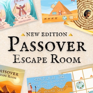 May include: A colorful illustration of a Passover escape room game. The image features a variety of puzzles and activities, including a maze, a Sudoku puzzle, and a word search. The text "NEW EDITION PASSOVER ESCAPE ROOM" is displayed in large, bold letters.