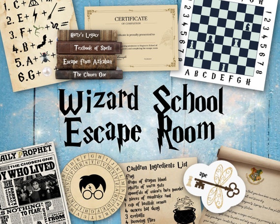 Wizard escape room game. Wizard school printable puzzle game