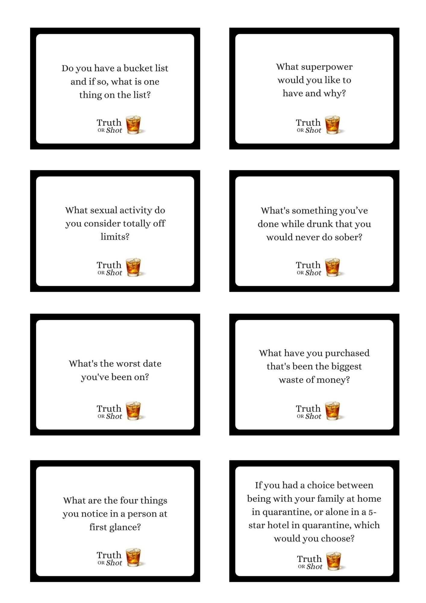 Truth Or Shot Printable Card Game Bonus Cards Great For | Etsy