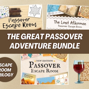 May include: An image promoting a Passover-themed escape room adventure bundle. The image features various game components, including puzzles, mazes, and the text "Passover Escape Room" and "The Lost Afikoman." A glass of red wine and matzah are also included.