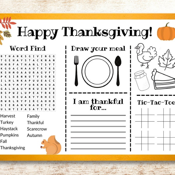 Kids Thanksgiving Activity Printable Placemat, Activity For Kids During The Holiday, Instant Download, Autumn, Fall, Festive Placemats