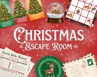 May include: A festive Christmas Escape Room game set against a red background with snowflakes. The image features game cards, a snow globe, a bingo card, and newspaper clippings. The words "Christmas Escape Room" are prominently displayed.
