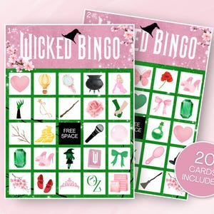 Wicked Bingo, 20 cartelle del bingo, gioco stampabile, gioco di società Wicked, attività Wicked per bambini, idea per feste di festa, divertenti giochi per famiglie