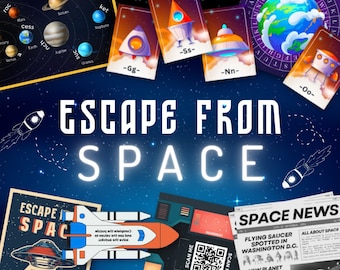 May include: A colourful illustration of a space-themed escape room game. The image features a rocket ship, a flying saucer, and a planet with a ring system. The text "ESCAPE FROM SPACE" is displayed in large, white letters.