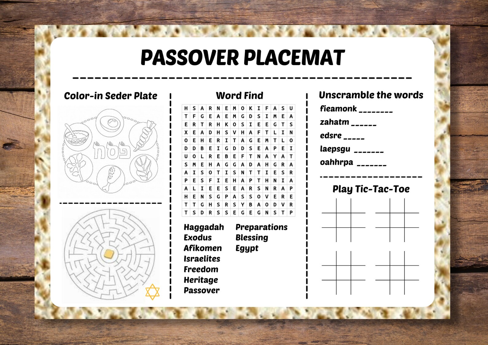 Kids Passover Activity Printable Placemat Activity for Kids - Etsy