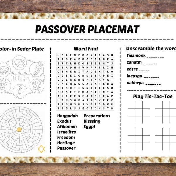 Kids Passover Activity Printable Placemat, Activity For Kids During The Holiday, Instant Download, Matzah, פסח, Pesach Activity Placemats