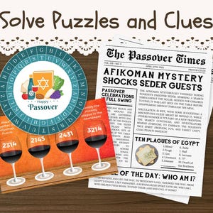 Op de afbeelding: Een spel met een Passah-thema met een kleurrijk wiel, vier glazen rode wijn en een krantenartikel over een Afikoman-mysterie. Het spel bevat een puzzel met de woorden "Place together the Afikoman Puzzle".