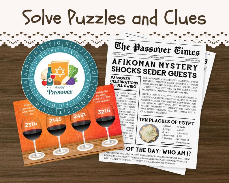 Op de afbeelding: Een spel met een Passah-thema met een kleurrijk wiel, vier glazen rode wijn en een krantenartikel over een Afikoman-mysterie. Het spel bevat een puzzel met de woorden "Place together the Afikoman Puzzle".