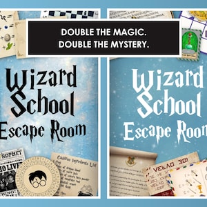 Pode incluir: Imagem promocional para um jogo de Escape Room da Escola de Magos. A imagem apresenta o texto "Wizard School Escape Room" em uma fonte estilizada, juntamente com o texto "DOUBLE THE MAGIC. DOUBLE THE MYSTERY." O fundo é azul claro com padrões de estrelas.