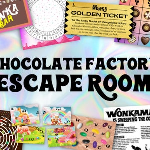 Può includere: Un gioco di escape room colorato a tema la fabbrica di cioccolato di Willy Wonka. Il gioco include una varietà di enigmi e sfide, come un labirinto, una ricerca di parole e un biglietto d'oro.