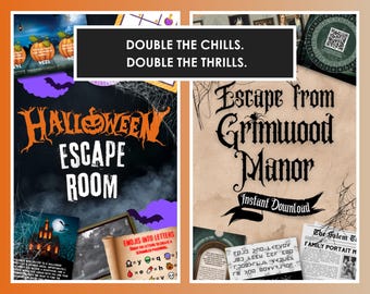May include: Halloween-themed escape room game with the text "Halloween Escape Room" and "Escape from Grimwood Manor". The image features pumpkins, bats, and a spooky manor, with the text "Double the Chills. Double the Thrills."