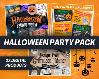 May include: A Halloween party pack with three digital products: a Halloween escape room, a Halloween scavenger hunt, and an escape room game called "Escape from Grimwood Manor".
