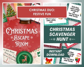 May include: A festive Christmas-themed image featuring two game sets. One is a Christmas Escape Room, and the other is a Christmas Scavenger Hunt. Both sets have a red and green color scheme with snowflake and Christmas tree designs.
