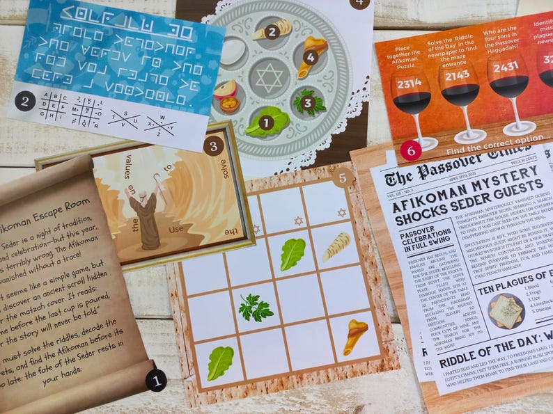 Op de afbeelding: Een set Pessach-spelkaarten met verschillende activiteiten, waaronder een woordzoeker, een raadsel, een matchspel en een krantenartikel over de Afikoman. De kaarten zijn versierd met traditionele Pessach-symbolen, zoals een Seder-bord, matze en een Davidster.