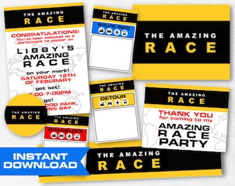 May include: A set of printable Amazing Race party game elements. Includes invitations, route info, detour cards, roadblock cards, and a thank you card. The designs feature a black, yellow, and white colour scheme with the text "The Amazing Race".
