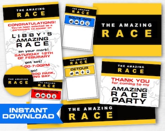 The Amazing Race Birthday Party Kit, Bottle Wrappers, Birthday Bundle, Amazing Race Equipment, Birthday Party Games