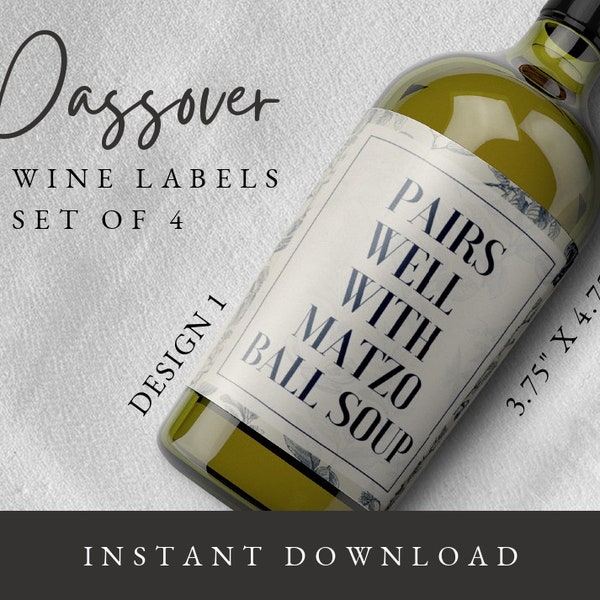 Set of 4 Passover Wine Bottle Labels, Seder Bottle Label, Passover Table Decoration, Instant Download Label, Pesach Decor, Seder Decorations