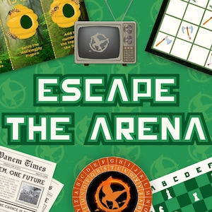 May include: A green and white graphic with the text "ESCAPE THE ARENA." The image includes a vintage television, a newspaper, and various puzzle elements. The design incorporates elements from a popular book series.