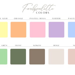 May include: A color palette chart with 10 color swatches. The colors are pastel yellow, orange, pastel pink, lavender, pastel blue, pastel green, olive green, brown, beige, and nude.