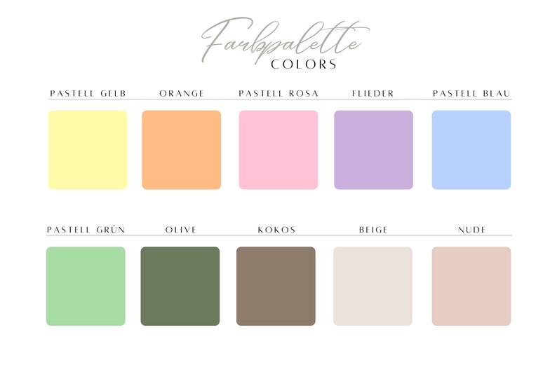 May include: A color palette chart with 10 color swatches. The colors are pastel yellow, orange, pastel pink, lavender, pastel blue, pastel green, olive green, brown, beige, and nude.
