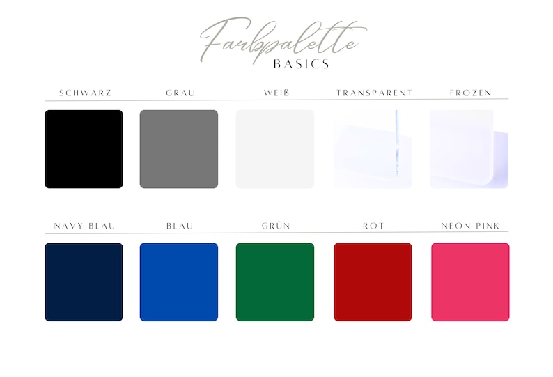 May include: A color palette chart with the words "Farbpalette Basics" at the top. The chart shows 10 different colors, including black, gray, white, transparent, frozen, navy blue, blue, green, red, and neon pink.