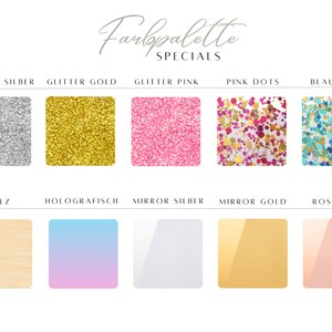May include: A chart showing different colors and finishes for a product. The colors include glitter silver, glitter gold, glitter pink, pink dots, blue dots, wood, holographic, mirror silver, mirror gold, and rose gold.