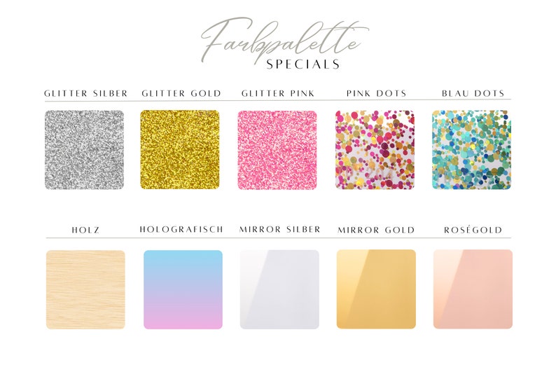 May include: A chart showing different colors and finishes for a product. The colors include glitter silver, glitter gold, glitter pink, pink dots, blue dots, wood, holographic, mirror silver, mirror gold, and rose gold.