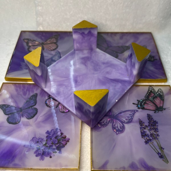 Elegant, one-of-a-kind, Purple Swirl Butterfly RESIN Coasters -  Set of 4
