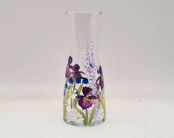 Hand painted mini small glass vase, carafe with spring meadow iris bluebell design