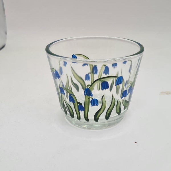 Hand painted glass votive, candle, tea light holder with bluebells design