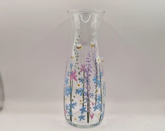 Hand painted glass vase, carafe with spring meadow forget me not design