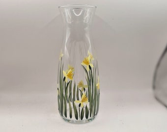 Hand painted glass vase, carafe with spring daffodil design