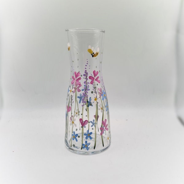 Hand painted mini small glass vase, carafe with spring meadow forget me not design