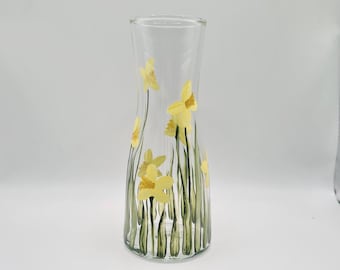 Hand painted mini small glass vase, carafe with spring daffodil design