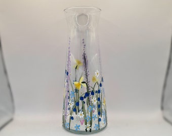 Hand painted glass vase, decanter, carafe with floral meadow, forget me nots, daisies, daffodil bluebell design