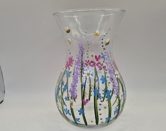 Hand painted carafe, decanter, hurricane bouquet vase with floral meadow forget me not design