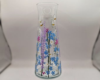 Hand painted glass vase, decanter, carafe with floral meadow, forget me nots, daisies, bees design