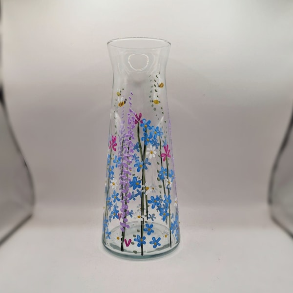 Hand painted glass vase, decanter, carafe with floral meadow, forget me nots, daisies, bees design