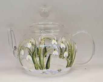 Hand painted teapot 1.1l with strainer, tea, infuse with spring meadow floral snowdrop design