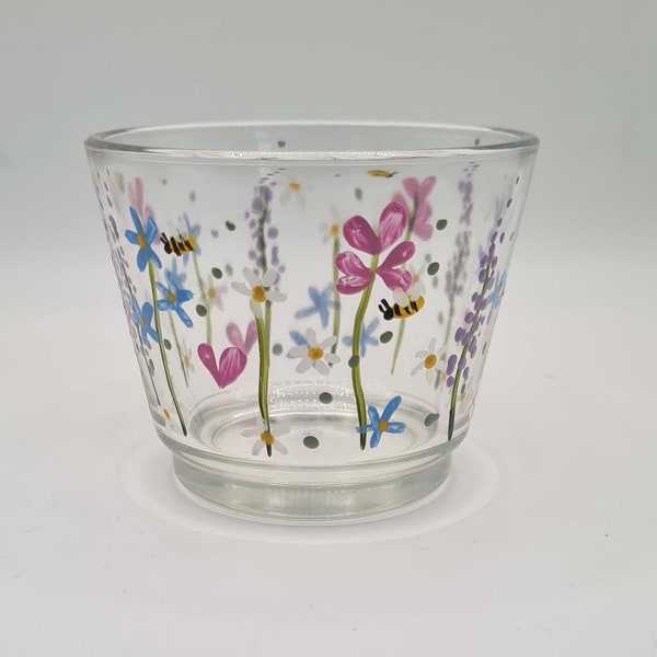 Hand painted glass votive, candle, tea light holder with meadow daisy, forget me not design