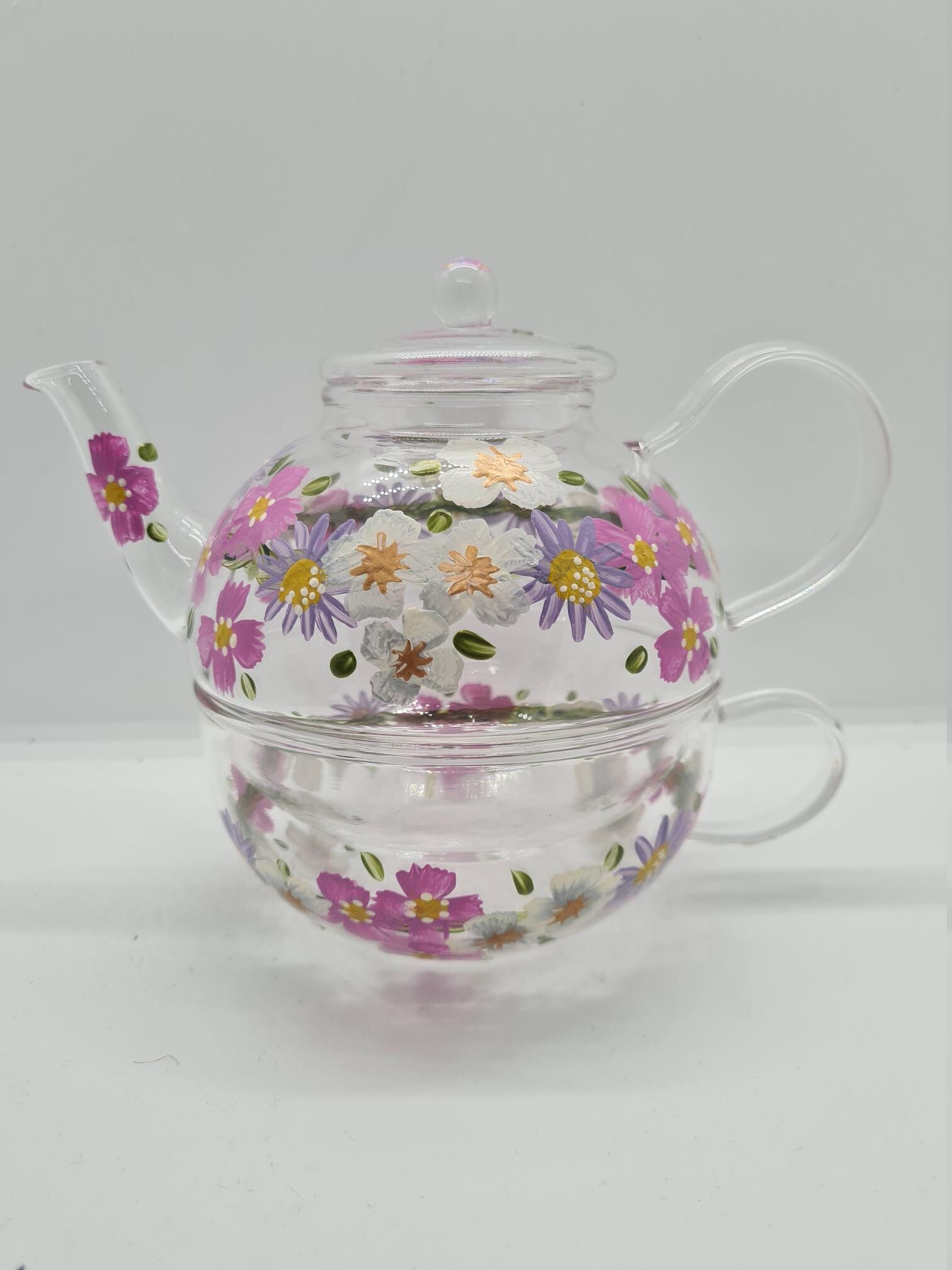 Hand painted clear glass teapot and cup set for one with Etsy