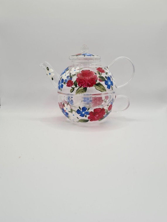 Hand Painted Clear Glass Teapot and Cup Set Tea Floral Etsy