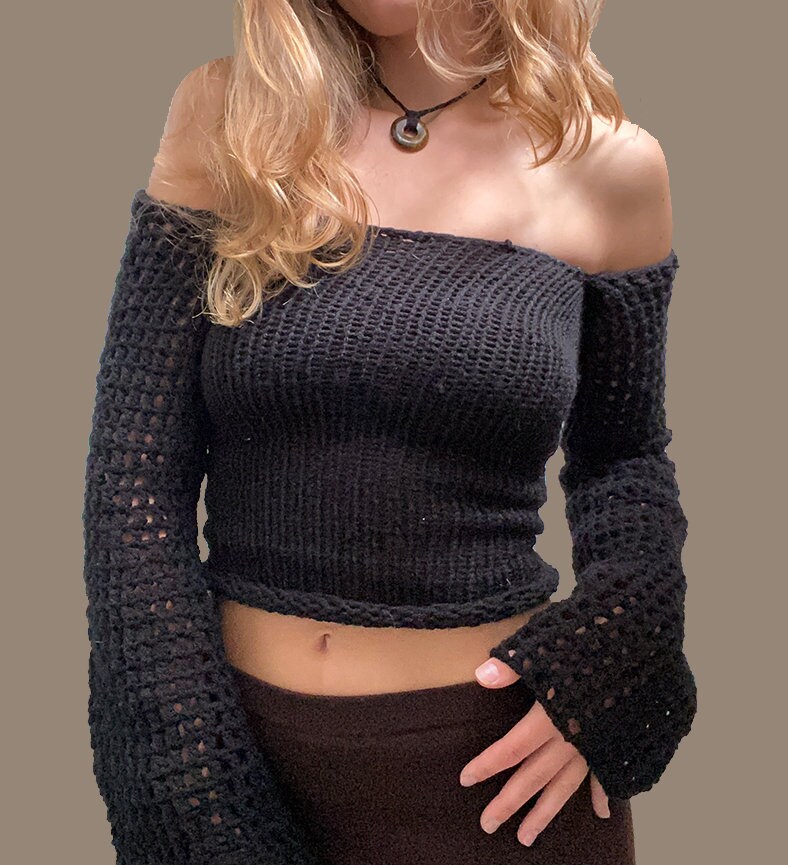 black crochet top long sleeve