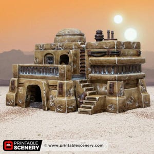 May include: A detailed model of a desert dwelling with a domed roof, stairs, and various architectural features. The structure is primarily tan and brown, with a weathered appearance. The background features a desert landscape and two suns. The logo for Printable Scenery is visible.
